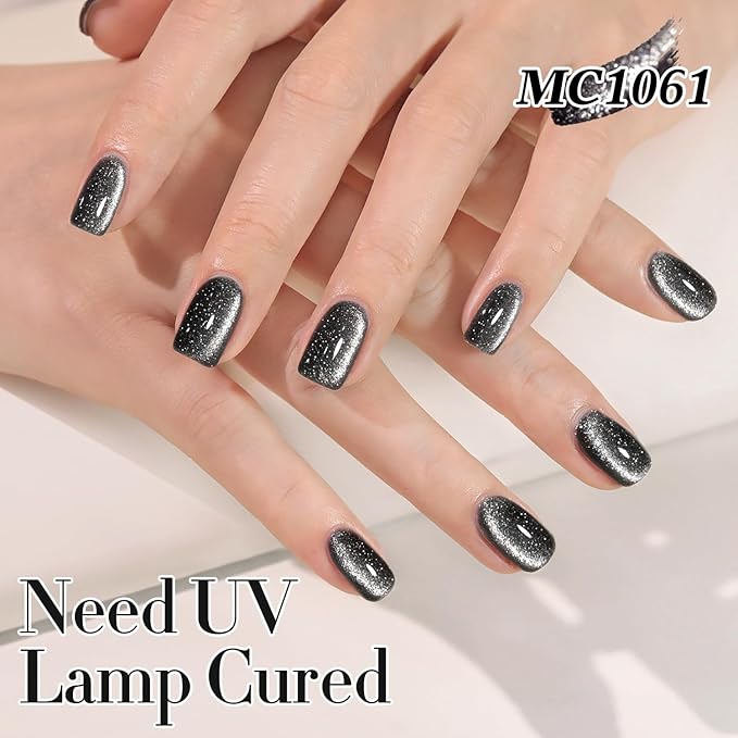 Double Rhythm Jelly Glass Cat Eye Gel Polish with Magnet 15ML Holographic Glitter Shimmer Translucent Sheer Color Magnetic Nail Polish Salon DIY at Home (Black Glitter-MC1061)