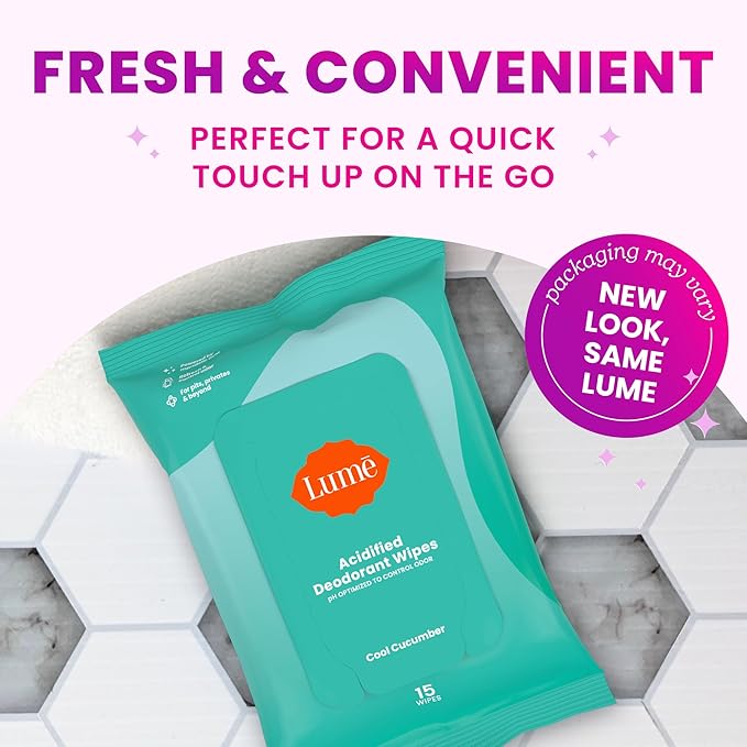 Lume Acidified Deodorant Wipes - 24 Hour Odor Control - Aluminum Free, Baking Soda Free, Skin Loving - 15 Count (Pack of 3) (Cool Cucumber)