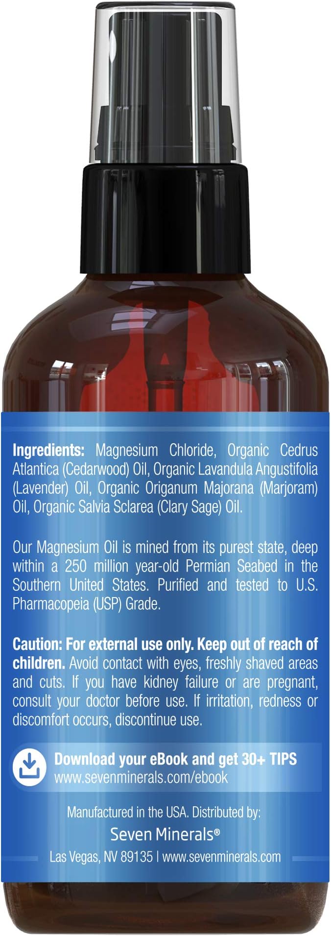 Seven Minerals Relaxing Night Magnesium Spray, Powerful Organic Blend of Essential Oils (Cedarwood, Lavendar, Sweet Marjoram, & Clary Sage) 4 fl oz