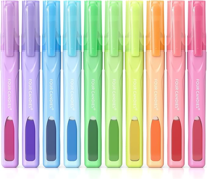 Four Candies Highlighters Assorted Colors, Liquid Highlighter with Clear View Design, Soft Chisel Tip, Classic Colors, 10 Pcs No Bleed Cute Highlighters