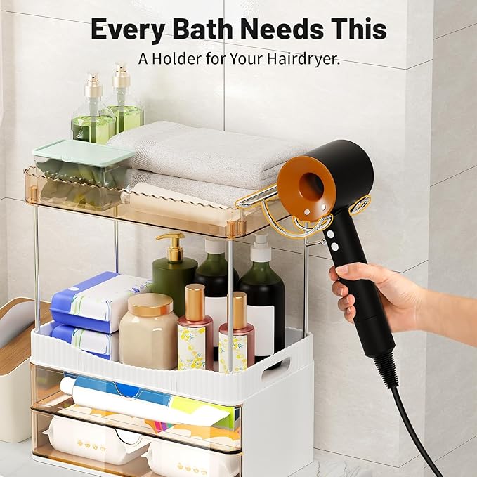 Bathroom Counter Organizer with Hairdryer Holder, 2-Tier 2-Drawer Shower Organizer for Skincare, Makeup Cosmetics, 5-Section Large Capacity Vanity Organizer, Bathroom Decor (Amber)