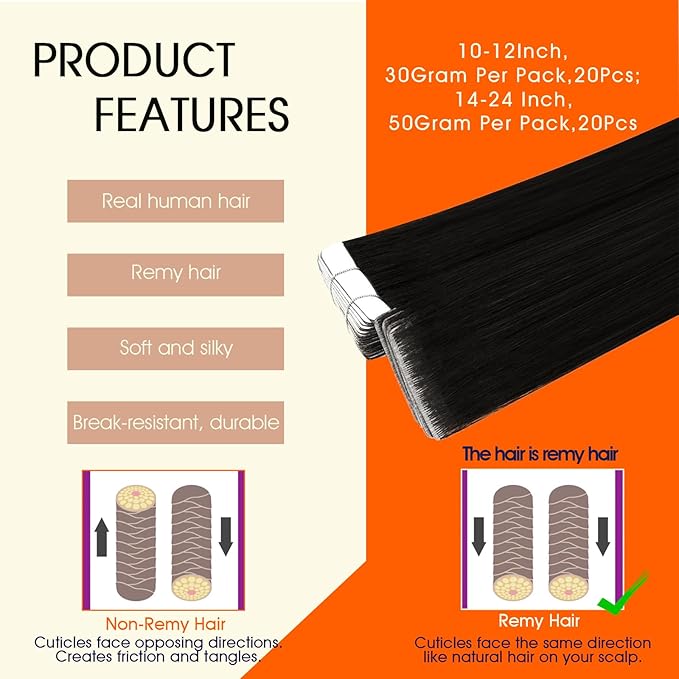 Full Shine Seamless Tape in Hair Extensions Human Hair Color 1B Black Injection Tape in Extensions Cover Thinning Areas Seamless Remy Skin Weft 16Inch 40G 20Pcs Bridal Hairstyles Lightweight