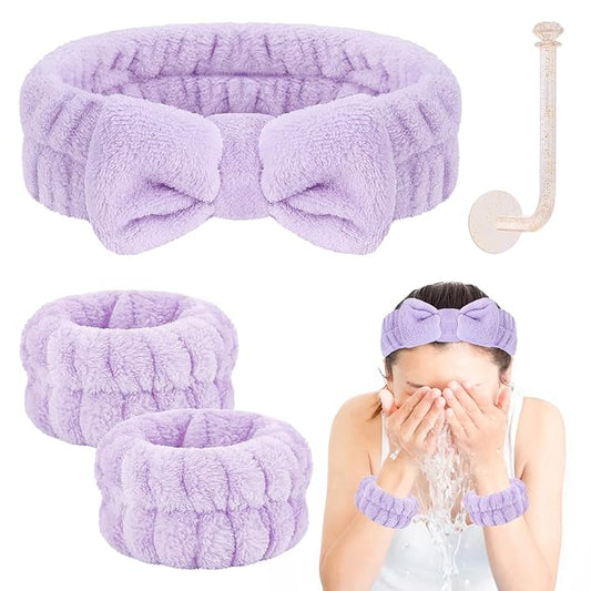 Face Wash Headband and Wristband Set, 1 Set, Purple, Microfiber, for Women, Hairband Set, Keep Hair Dry, Prevent Water from Running Down Arms during Face Washing, 1 Count
