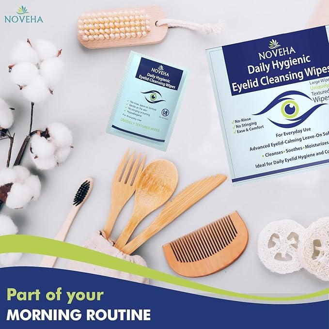 NOVEHA 120Pcs Daily Hygienic Eyelid & Lash Wipes | 120 Individually Wrapped Cleansing Eyelash Wipes - For Blepharitis & Itchy Eyes, Demodex and Natural Makeup Remover & Daily Cleanser (2 Pack)