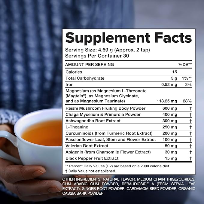 Complement Restore Golden Latte - Calm Magnesium Powder, Deep Sleep Aid Drink - Reishi, Ashwagandha, Valerian & L-Theanine - Nighttime Recovery, Relaxation Adaptogens Mix - No Melatonin (30 Servings)