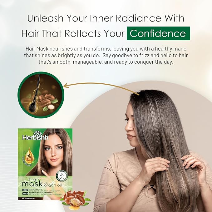 Herbishh Argan Hair Mask - Deep Conditioning & Hydration 25ml x 5 Pouches for Healthier, Nourished Hair | No Sulphates, No Parabens | Travel-Friendly Pack