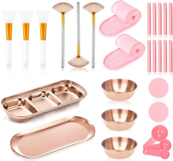 28 Rose Gold Facial Supplies 3 Facial Mask Mixing Bowls 3 Facial Fan Brushes 3 Mask Applicator Brushes 3 Mask Measuring Spoons Skincare Tray 3-Compartment Tray 12 Facial Sponges 2 Spa Headbands