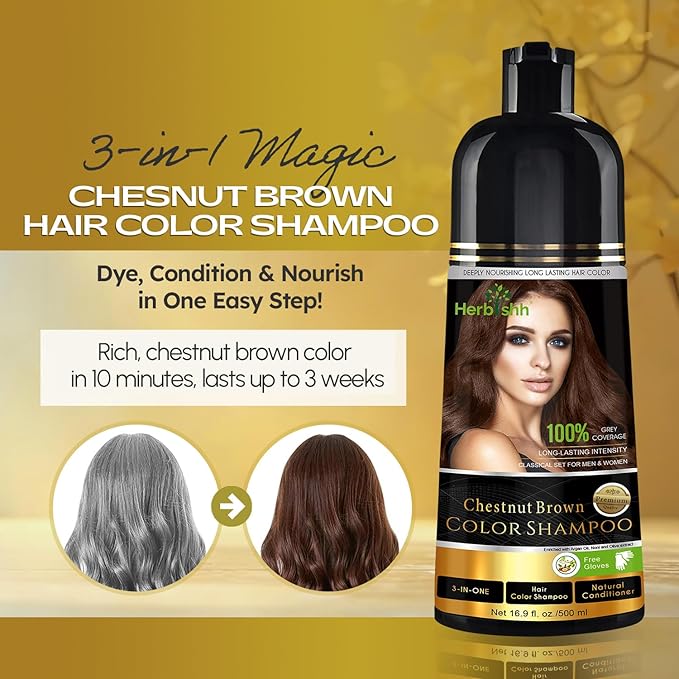 Herbishh Hair Color Shampoo for Gray Hair – Natural Hair Dye Shampoo – Lasts Up To 3-4 Weeks – 500ML – 3-In-1 Hair Color – Colors, Cleanses, and Conditions (Chestnut Brown Giftset)