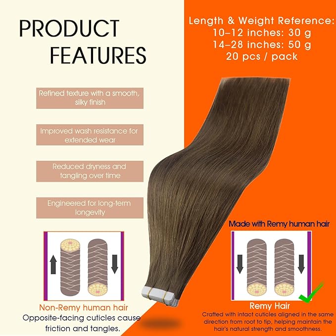 Full Shine Brown Hair Extensions Tape in 24 Inch Tape in Human Hair Extensions 50 Gram Natural Tapes in Hair Extension Seamless Extensions 20Pcs Long Straight Remy Hair Extension for Women