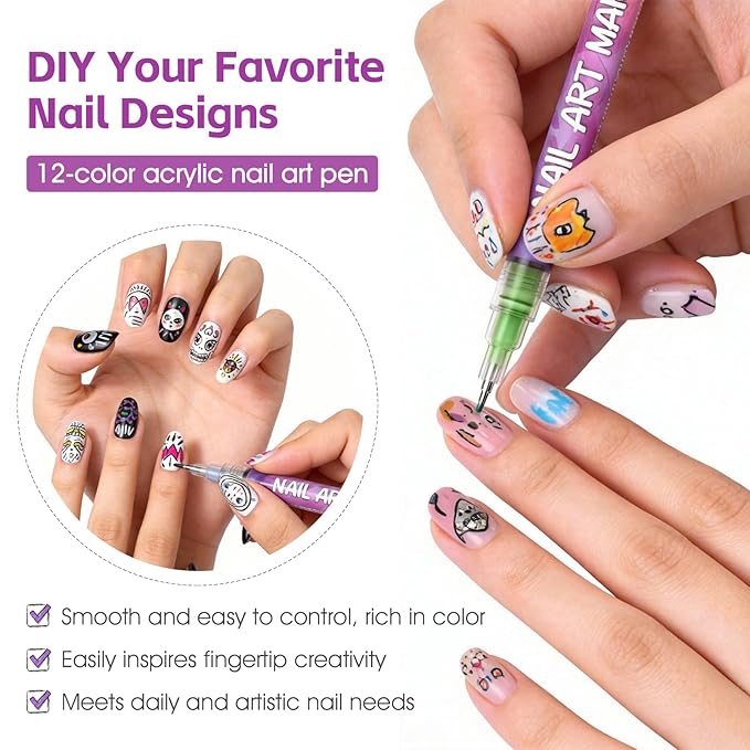 Nail Art Pens Set, 12 Vibrant Colors Nail Art Pens for Painting Nails, Quick Dry 0.5MM Fine Tip Nail Art Polish Markers, Acrylic Nail Pens for Nail Art Creation and Design, Party, DIY