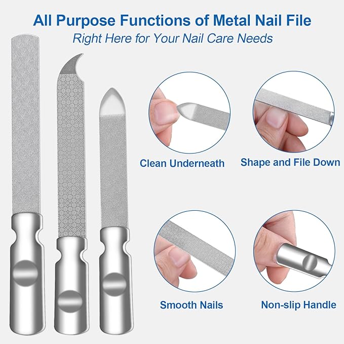 Stainless Steel Nail File (3 Pack) for Natural Nails, Metal Nail Files with Sharp Pointed Tip Fingernail File Sheath Case Double Sided Reusable Flat File Manicure Tool Home Salon Travel Use Men Women
