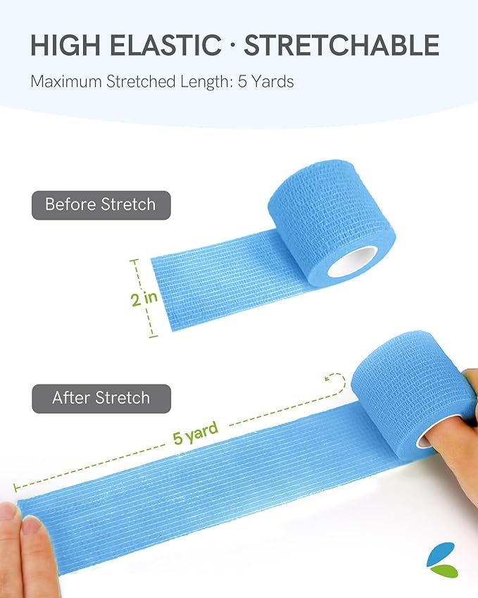 FriCARE Self Adhesive Bandage Wrap, Medical Tape in First Aid Kit, Cohesive Bandages for Wounds Sport Vet, 2 Inches X 5 Yards 6 Rolls, Fluorescent Blue