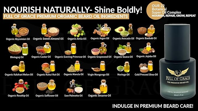 FULL OF GRACE Premium Beard Oil, Organic And Natural, With 22 Ingredients Including Argan, Jojoba, Abyssinian To Condition, Hydrate Beard And Moisturize Facial Skin | Fragrance: Oud | 30ml/1 fl oz