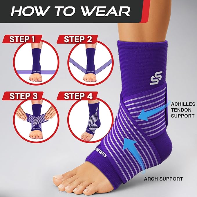Sleeve Stars Ankle Brace for Women & Men, Ankle Wrap for Sprained Ankle, Compression Sleeve for Plantar Fasciitis Relief, Easy Customizable Support: w/Removable Strap (Pair/M:10"-12"/Dark Purple)