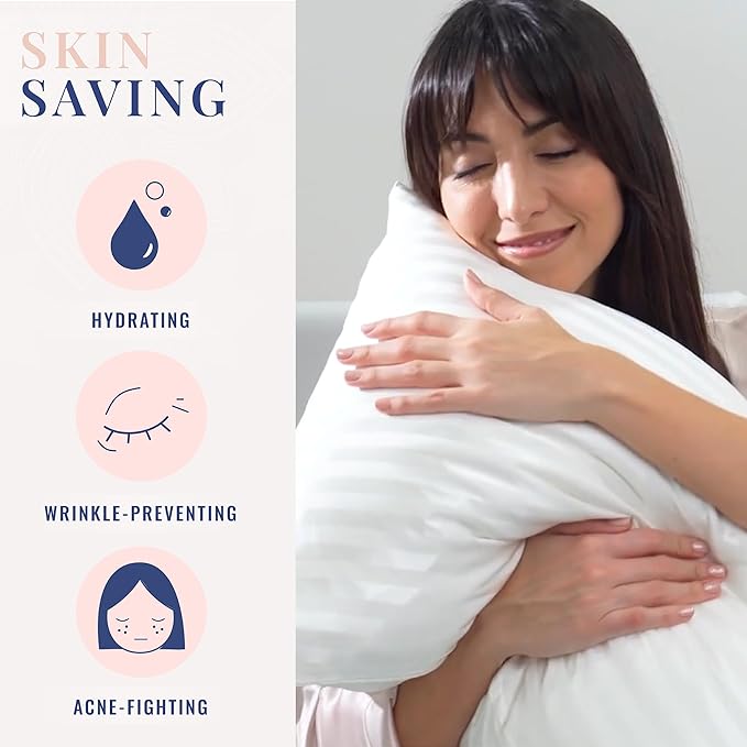 Blissy Silk Pillowcase - 100% Pure Mulberry Silk - 22 Momme 6A High-Grade Fibers - Silk Pillow Cover for Hair & Skin - Regular, Queen & King (White Striped, King)