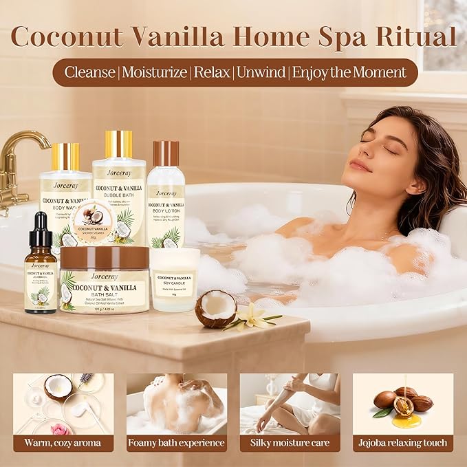 22PCS Valentines Day Spa Gift Baskets for Women, Luxury Bath and Body Gift Basket Set for Women Coconut Vanilla Spa Kit Relaxing Spa Self Care Gift for Her Wife Lover Mom Sister Friend