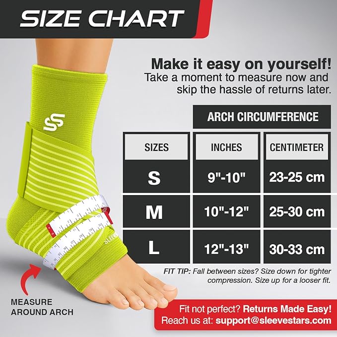 Sleeve Stars Ankle Brace for Women & Men, Ankle Wrap for Sprained Ankle, Compression Sleeve for Plantar Fasciitis Relief, Easy Customizable Support: w/ Removable Strap (Pair/M:10"-12"/Neon Yellow Green)
