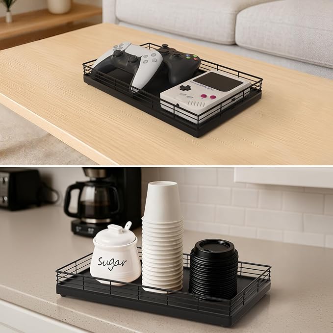 Large Bathroom Vanity Tray – 13" x 8" Oak Decorative Wooden Tray for Bathroom Countertop & Vanity Organizer, Rectangular Wood Tray for Perfume, Skincare, Storage, Vanity Dresser Counter Decor, Black