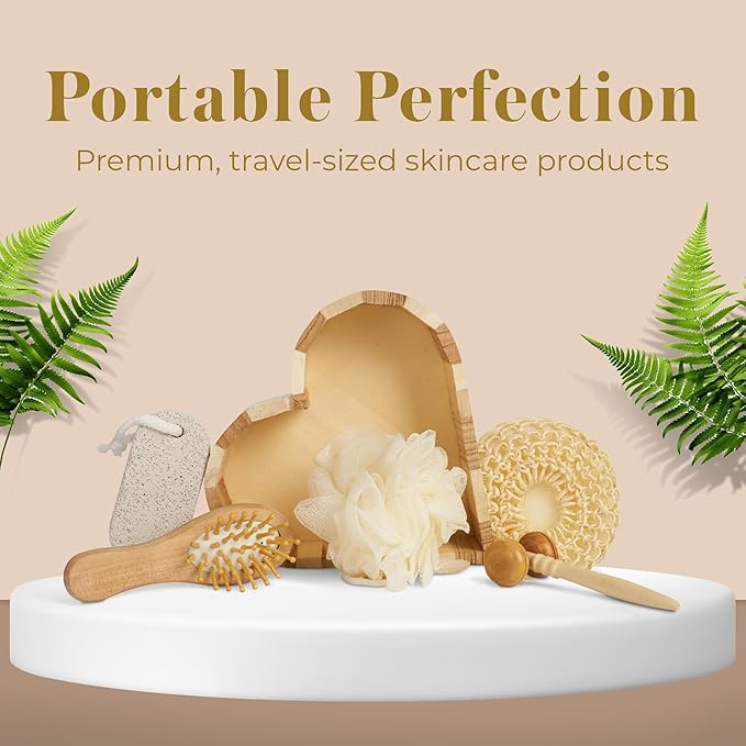 Bella Ciao 6-Piece Body and Skincare Set, Women’s Spa Gift Basket with Face Massage Roller, Hair Brush, Exfoliating Tools and Wooden Tray, Self Care Bath Accessories