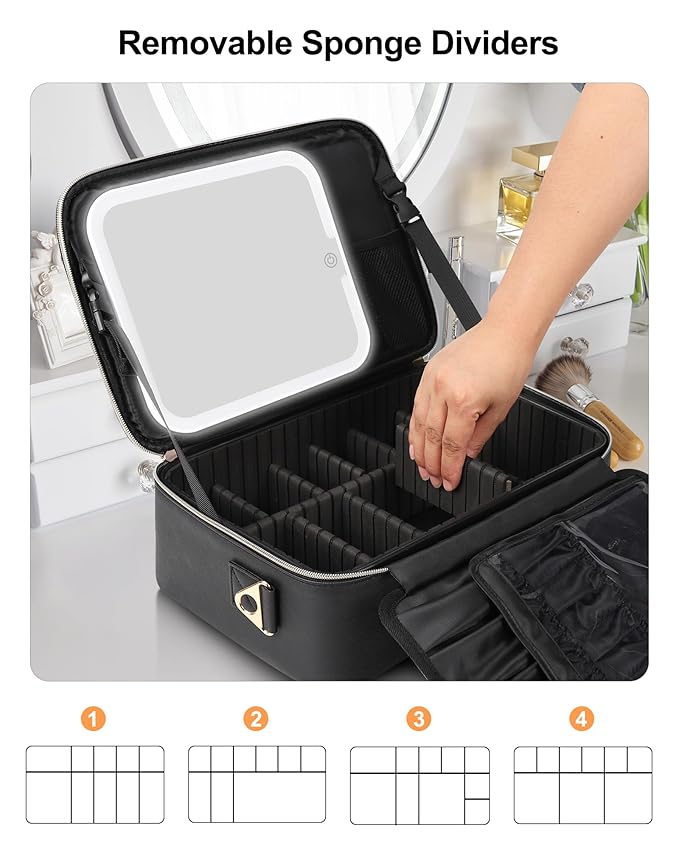 Relavel Makeup Train Case With LED Mirror, Professional Travel Cosmetic Bag with Removable Partitions, Compact Makeup Organizer with Shoulder Strap, Waterproof Travel Case for Women, Black