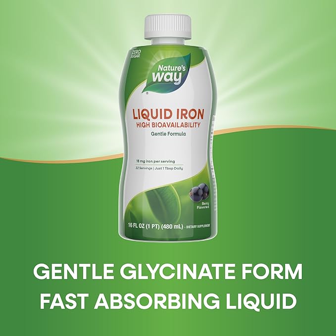 Nature's Way Liquid Iron, 100% Daily Value, 18 mg Iron as Ferric Glycinate per Serving, No Sugar Added, Berry Flavored, 16 Fl Oz (Packaging May Vary)
