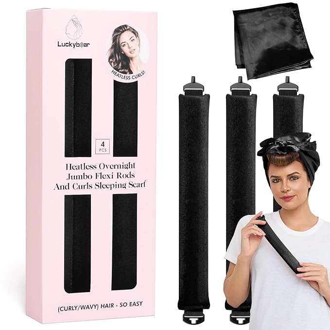Overnight Heatless Hair Curler Jumbo Set, Overnight Rods for No Heat Curls - Velvet Satin Flexi Rods Sleep in Curlers Blowout, Hair Styling Accessories with Silk Scarf 4pcs Black