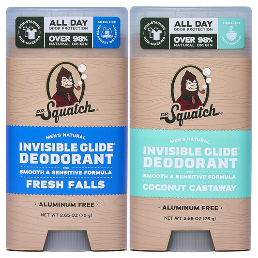 Dr. Squatch Invisible Glide Natural Men’s Deodorant – Smooth Glide, No Stains – Aluminum Free Deodorant Men – Safe for Sensitive Skin – Fresh Falls + Coconut Castaway, 2.65oz (2-Pack)