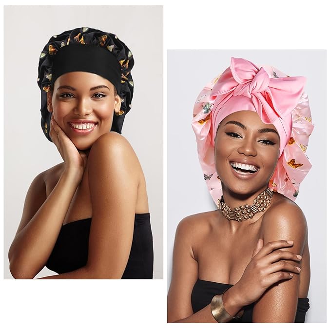 Arqumi Pack of 2 Satin Sleeping Bonnet, Large Sleep Bonnet, Long Strap, Adjustable Sleep Cap Hair Bonnet with Butterfly Pattern, Black+Pink