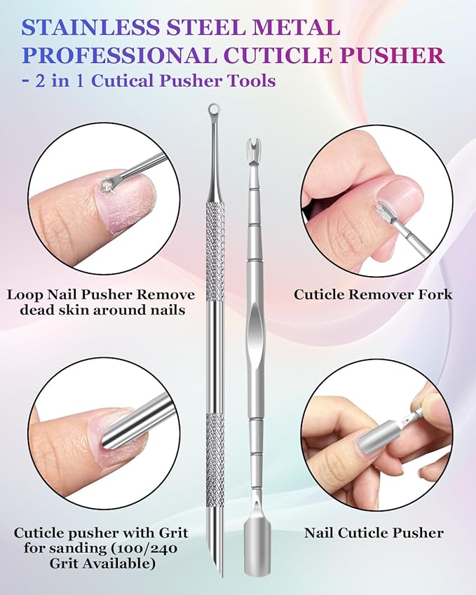 Cuticle Pusher, Pre-treatment Cuticle Pusher, Stainless Steel Loop Cuticle Pusher Dead skin fork, Cuticle Nail Tool with 100#/240# Grit Nail Files and 1 Pcs Storage Bags, For Salon & Home Use (2 Pack)