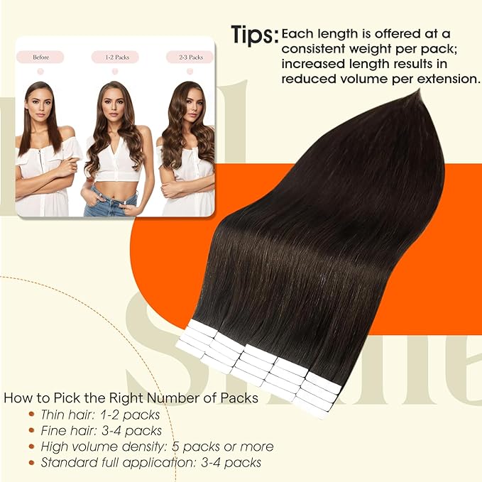 Full Shine Tape in Hair Extensions Human Hair Darkest Brown 24 Inch Seamless Tape in Extensions Brazilian Remy Hair Skin Weft Hair 20 Pieces 50 Grams Color 2 Glue Human Hair Extensions for Wedding