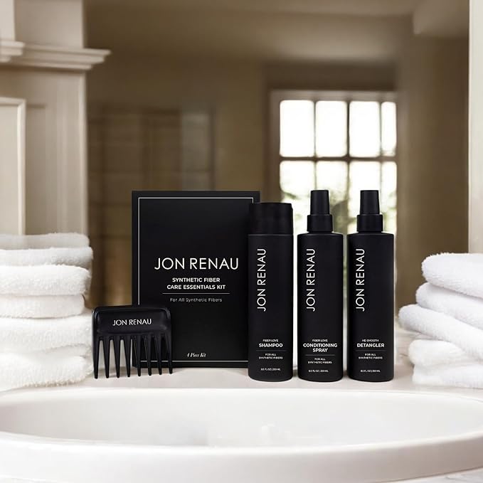 Jon Renau Synthetic Fiber Care Kit, Shampoo and Leave In Conditioner for Synthetic Wigs and Hair Extensions, Detangler Spray with Wide Tooth Comb, 4 Piece Set