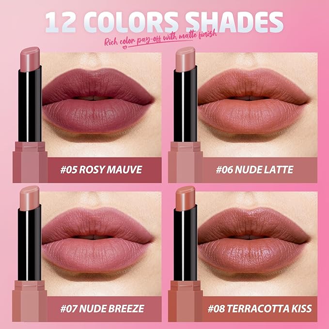Jolilab 3Pcs Velvet Matte Lipstick Nude Matte Soft Dark Color Stick High Pigmented Long-Lasting Waterproof Lip Stick Lip Balm Beauty Cosmetics Gift for Women(Curated #3+11+12)