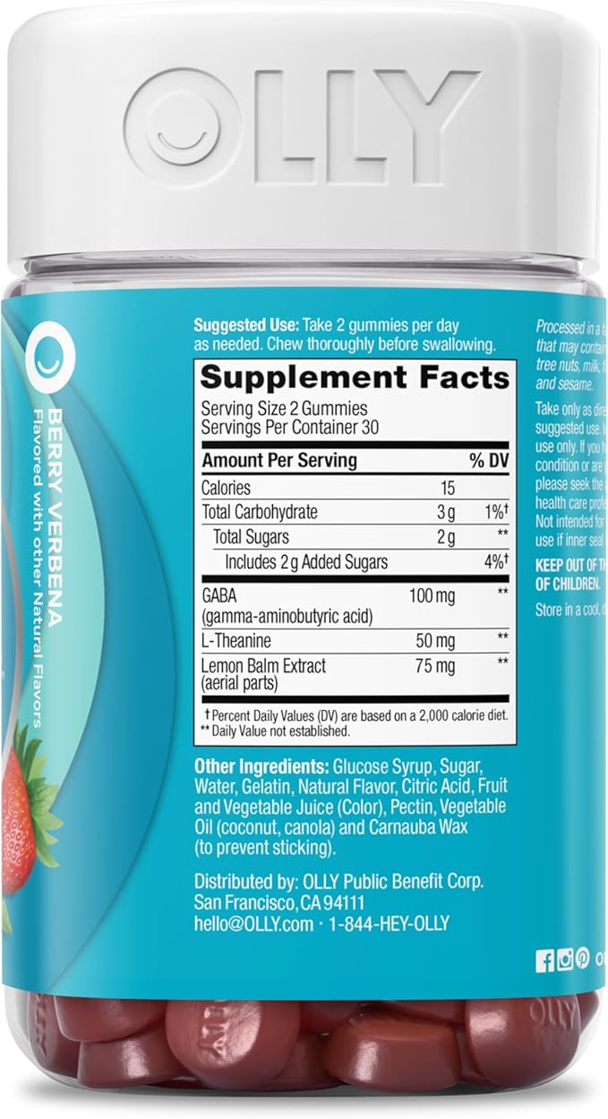 OLLY Goodbye Stress Gummy, GABA, L-Theanine, Lemon Balm, Stress Relief Supplement, Berry - 60 Count