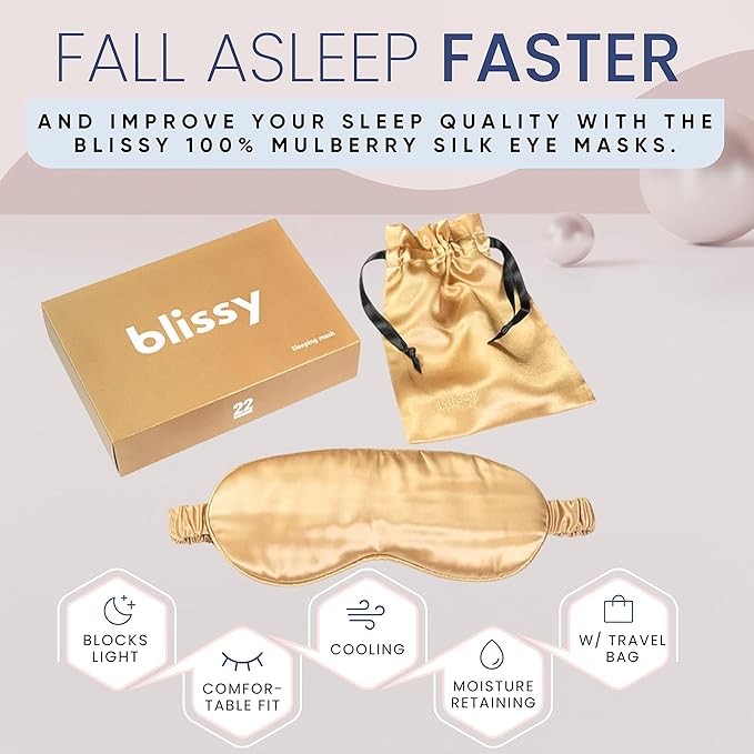 Blissy Silk Sleep Mask - Eye Sleeping Mask for Women & Men for Total Blackout - 100% Pure Mulberry Silk, 22 Momme 6a Fibers - Blindfold Sleep Mask Side Sleeper Eye Cover (Gold)