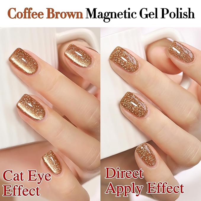 Double Rhythm 15ML Glitter Glass Cat Eye Gel Polish with Magnet Holographic Glitter Shimmer Translucent Sheer Color Salon Soak Off Magnetic Gel Polish at Home (Coffee Brown-MC1063)