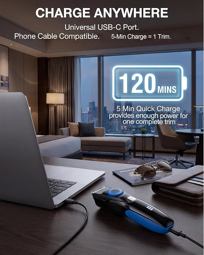 Beard Trimmer for Men, 120-Min Cordless Runtime, 0.5mm Precision Dial (40 Settings) - Constant Power Motor & IPX7 Waterproof Hair Clipper Kit with Detailer & Nose Trimmer, USB-C Quick Charge