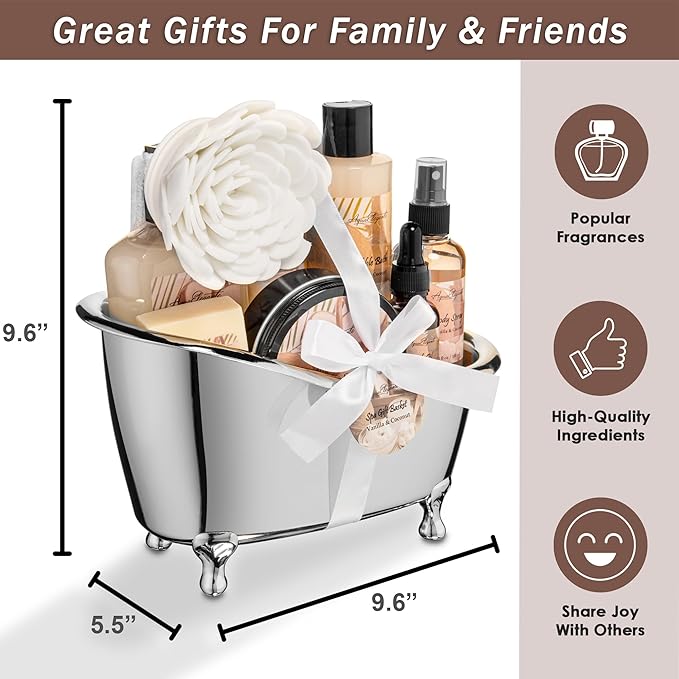 Spa Gift Baskets For Women - Luxury Bath Set With Coconut & Vanilla - Spa Kit Includes Body Wash, Bubble Bath, Lotion, Body Butter, Soap, Body Spray, Shower Puff, and Towel