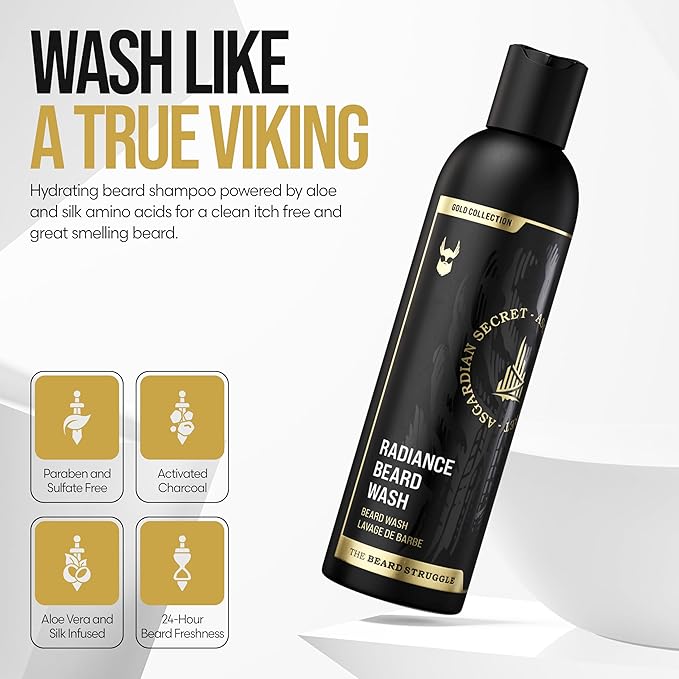 The Beard Struggle Radiance Beard Wash – Gold Collection, Asgardian Secret – Cleanse, Nourish & Soften – Beard Cleanser for Men (8 fl oz)