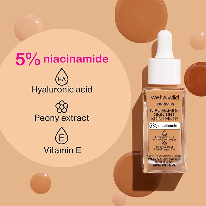 wet n wild Bare Focus Skin Tint, 5% Niacinamide Enriched, Buildable Sheer Lightweight Coverage, Natural Radiant Finish, Hyaluronic & Vitamin Hydration Boost, Cruelty-Free & Vegan - Buff Bisque