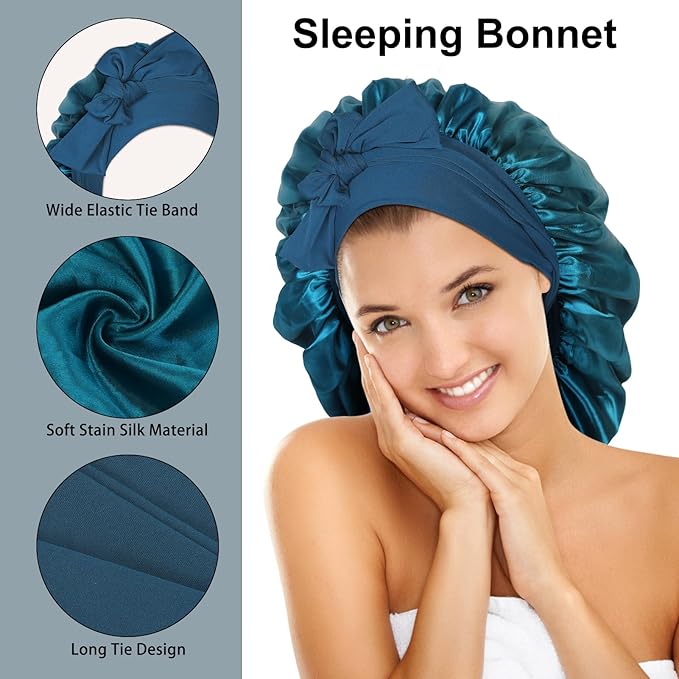 Arqumi 2 Pcs Satin Silk Bonnet for Sleeping Women, Large Long Strap Tie Band Adjustable Sleep Night Cap Hair Bonnet Wrap for Men, Black+Hole Blue