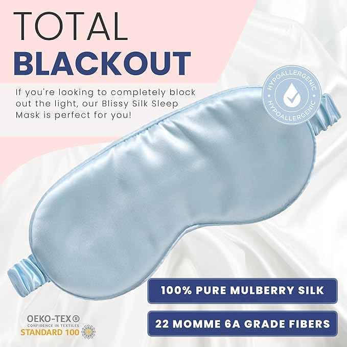 Blissy Silk Sleep Mask - Eye Sleeping Mask for Women & Men for Total Blackout - 100% Pure Mulberry Silk, 22 Momme 6a Fibers - Blindfold Sleep Mask Side Sleeper Eye Cover (Sky Blue)