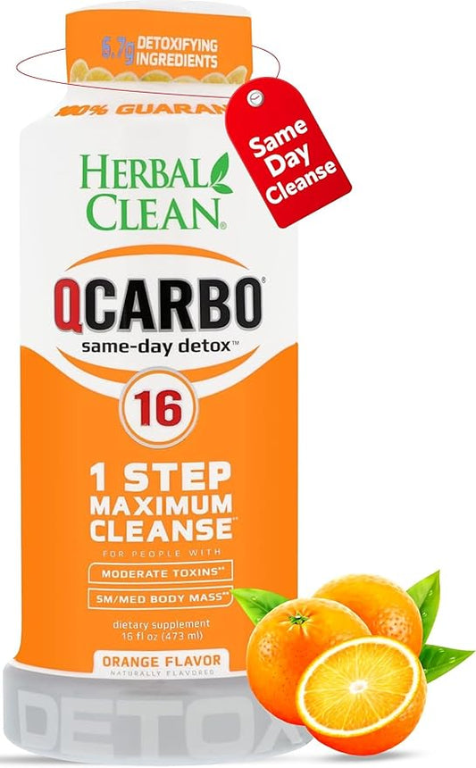 Herbal Clean Qcarbo16 Same-Day Detox Cleanse Drink (16 fl oz) - Orange Flavor Full Body Cleanse* Detox Drink for Moderate Toxin Level*, Vitamin B2 and Vitamin B12 for Men & Women