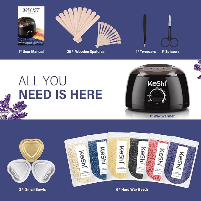 KeShi Waxing Kit, Painless Hair Removal Wax Warmer with 6 Bags Hard Wax Beans for Full Body, Legs, Face, Eyebrows & Bikini— Ideal for Both Women & Men