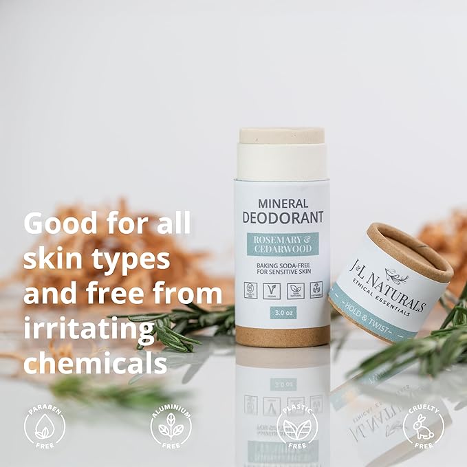 J&L Naturals Mineral Deodorant | Baking Soda-Free, 100% Natural, Sustainable | Sensitive Deodorant For Women & Men | Aluminum Free, Vegan, Cruelty-Free (Rosemary & Cedarwood, 3 Oz (Pack of 1))