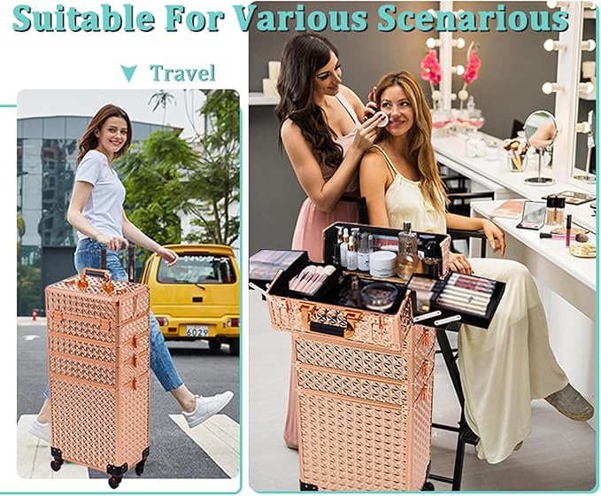 AROUS 5 in 1 Rolling Makeup Train Case Cosmetology Case on Wheels Large Cosmetic Organizer Travel Cart for Hairstylist Artist Nail Beauty Salon Barber,Gold