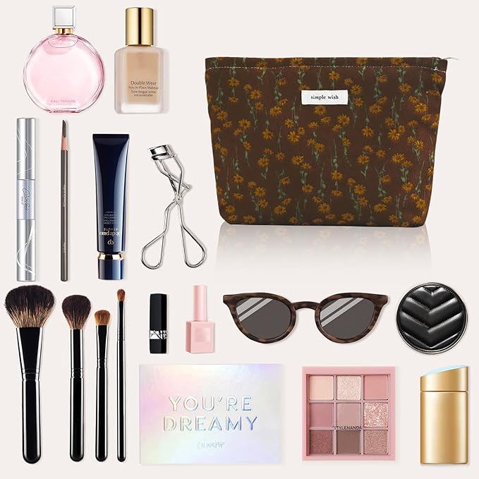 Wudygirl Cute Makeup Bag for Women - Travel Cosmetic Bag with Zipper Makeup Pouch Floral Make up Organizer Handbag Aesthetic (Brown Floral)
