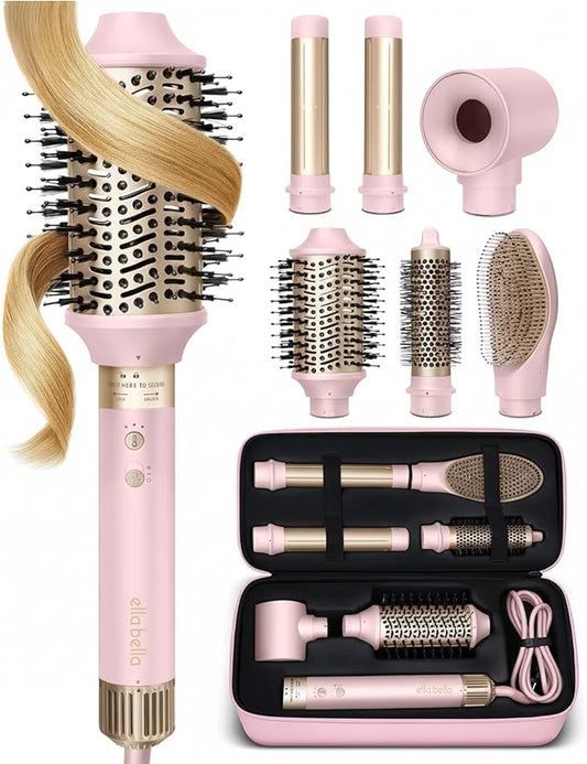 ELLA BELLA® 6 in 1 Professional Hot Air Styler • Powerful Hair Dryer & Straightener Set • Styling Without Heat Damage • Fast Drying Curling Volumizing Straightening • Protective Travel Case (Pink)
