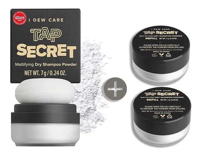 I DEW CARE Dry Shampoo Powder - Tap Secret Orignal + Refill 2 Pack | With Black Ginseng, Non-aerosol, Benzene-free, Mattifying Root Boost, No White Cast, Travel Size, Hair Volume