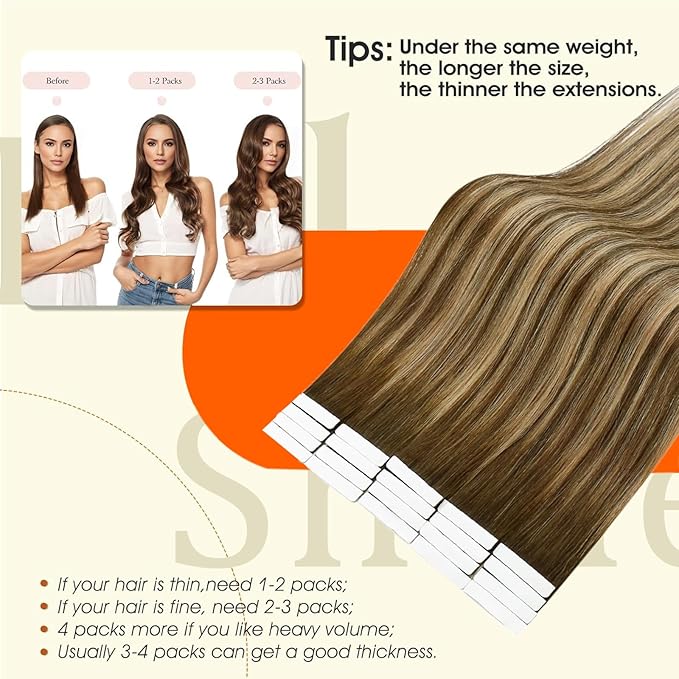 Full Shine Tape in Human Hair Extensions Color 4 Medium Brown Ombre 24 Blonde And 4 Injected Remy Tape in Extensions Cuticles Aligned Travel Friendly Styling Natural 24Inch 50G 20Pcs