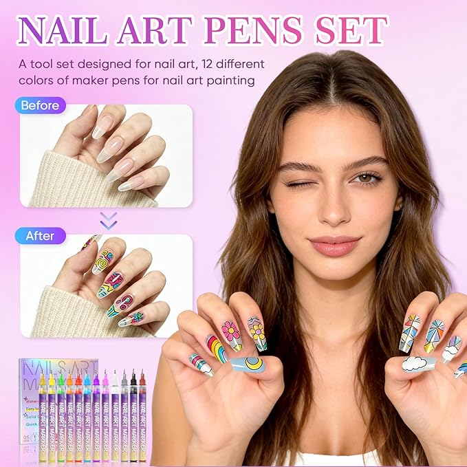 12 Colors Nail Art Pens & Nail Art Markers Set, Nail Polish Pens for Nail Painting, Art Design and Decorations, for Both Children and Adults